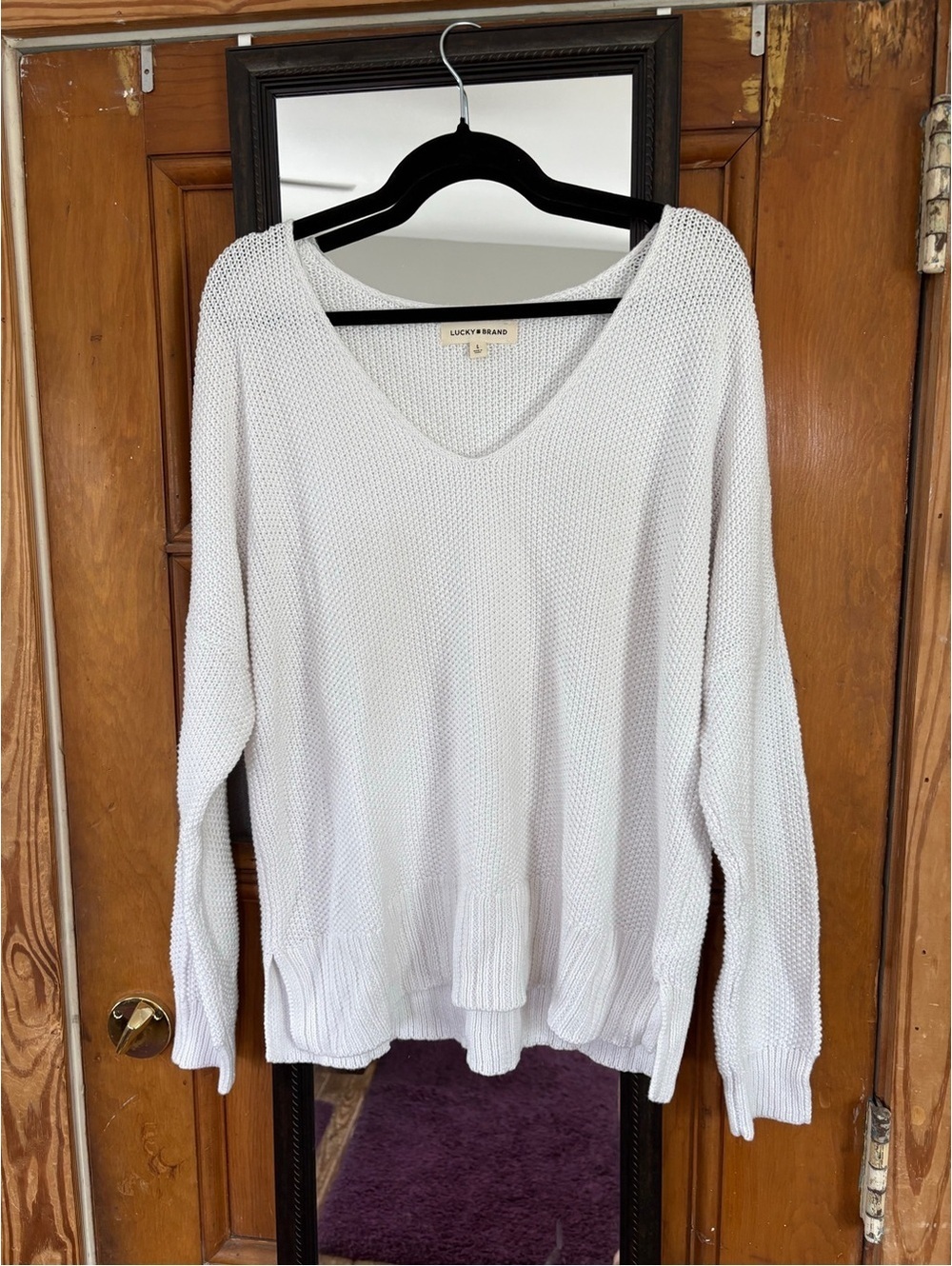 Lucky Brand Women's White V-Neck Knit Pullover Sweater L